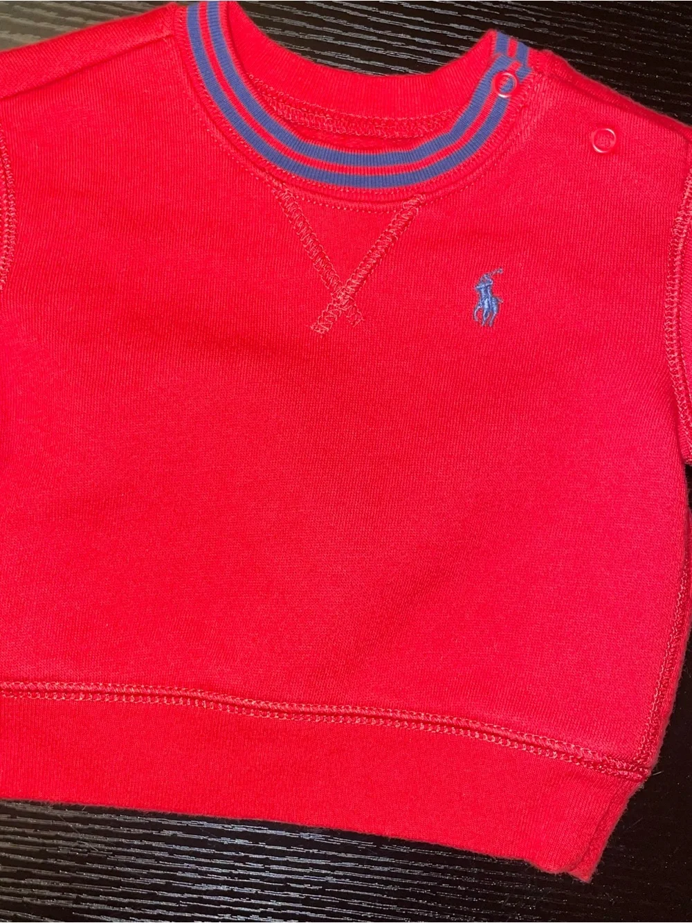 Ralph Lauren Red Crewneck Baby Sweatshirt with Blue Pony Accent
